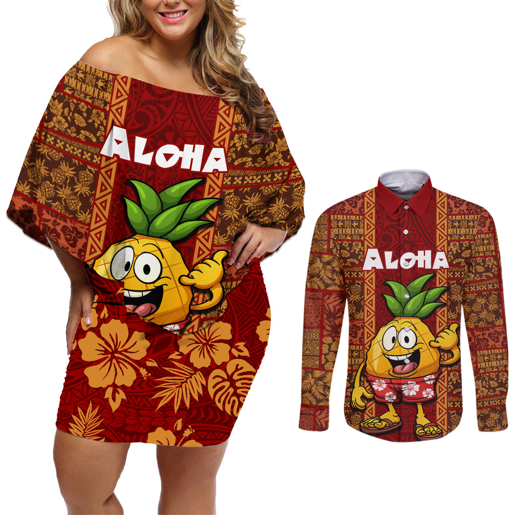 Hawaii Couples Matching Off Shoulder Short Dress and Long Sleeve Button Shirt Aloha Funny Pineapple Mix Kakau Hawaiian Tribal LT03 Red - Polynesian Pride