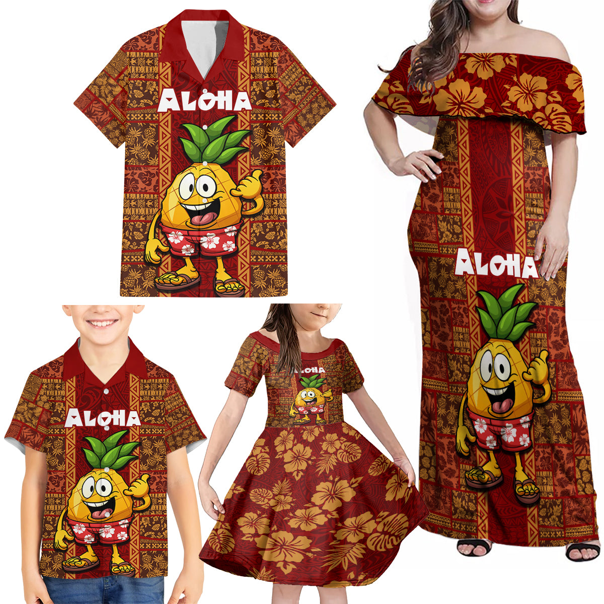 Hawaii Family Matching Off Shoulder Maxi Dress and Hawaiian Shirt Aloha Funny Pineapple Mix Kakau Hawaiian Tribal LT03 - Polynesian Pride