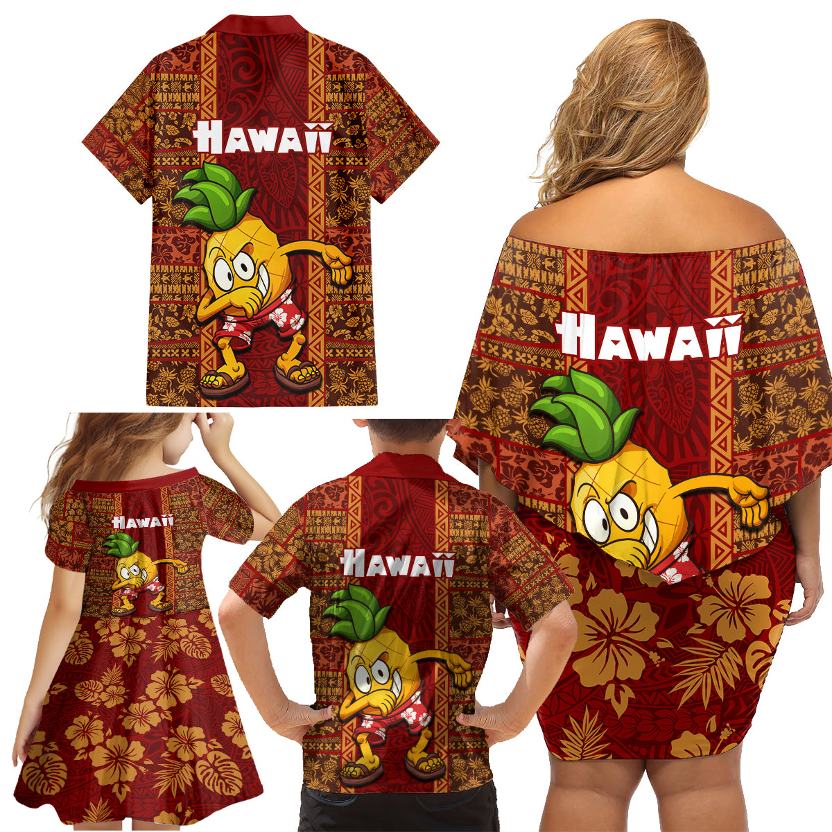 Hawaii Family Matching Off Shoulder Short Dress and Hawaiian Shirt Aloha Funny Pineapple Mix Kakau Hawaiian Tribal LT03 - Polynesian Pride