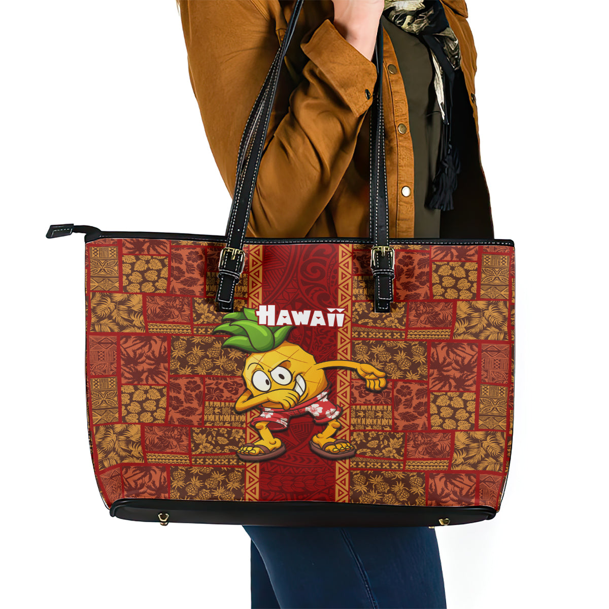 Hawaii Leather Tote Bag Aloha Funny Pineapple Mix Kakau Hawaiian Tribal LT03 - Polynesian Pride