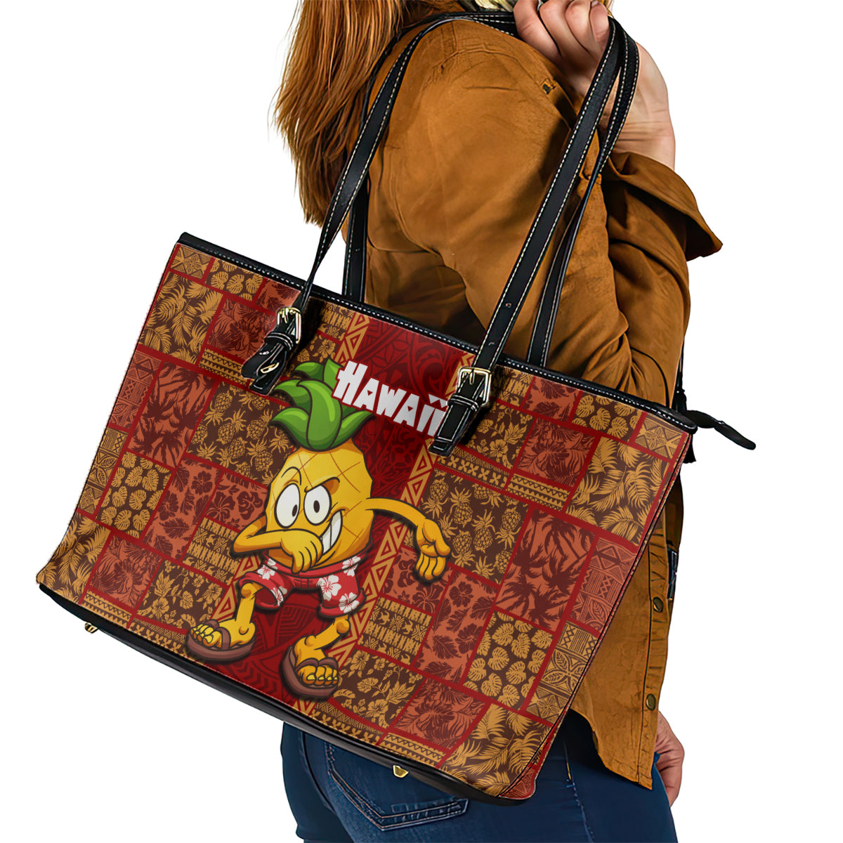 Hawaii Leather Tote Bag Aloha Funny Pineapple Mix Kakau Hawaiian Tribal LT03 - Polynesian Pride