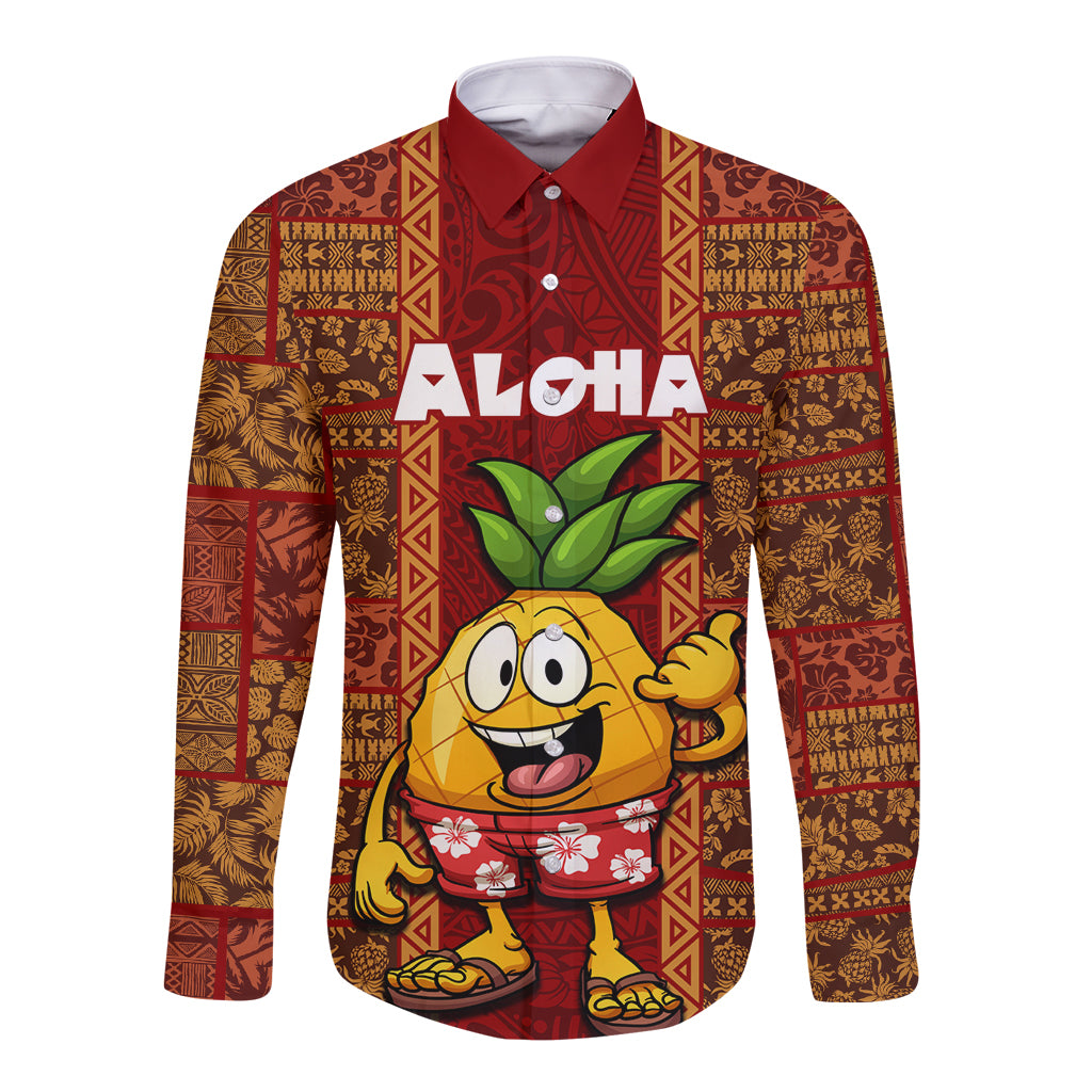 Hawaii Long Sleeve Button Shirt Aloha Funny Pineapple Mix Kakau Hawaiian Tribal LT03 Unisex Red - Polynesian Pride