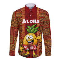 Hawaii Long Sleeve Button Shirt Aloha Funny Pineapple Mix Kakau Hawaiian Tribal LT03 Unisex Red - Polynesian Pride