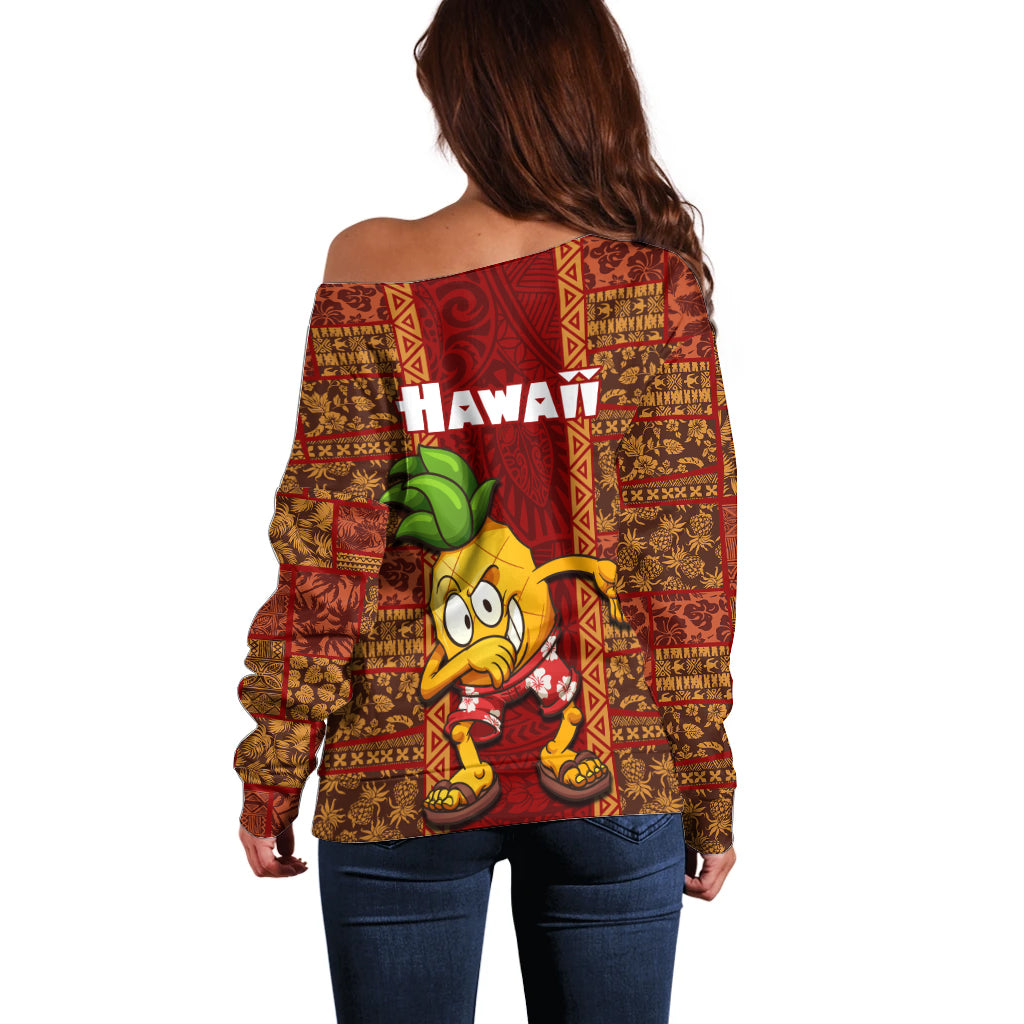 Hawaii Off Shoulder Sweater Aloha Funny Pineapple Mix Kakau Hawaiian Tribal LT03 - Polynesian Pride