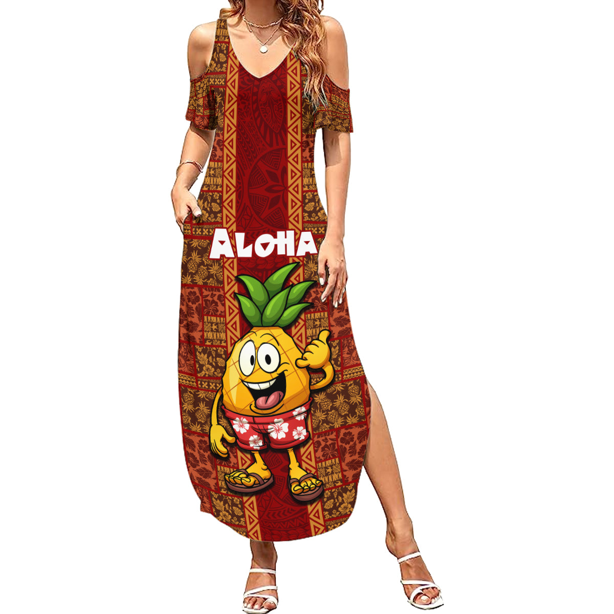 Hawaii Summer Maxi Dress Aloha Funny Pineapple Mix Kakau Hawaiian Tribal LT03 Women Red - Polynesian Pride