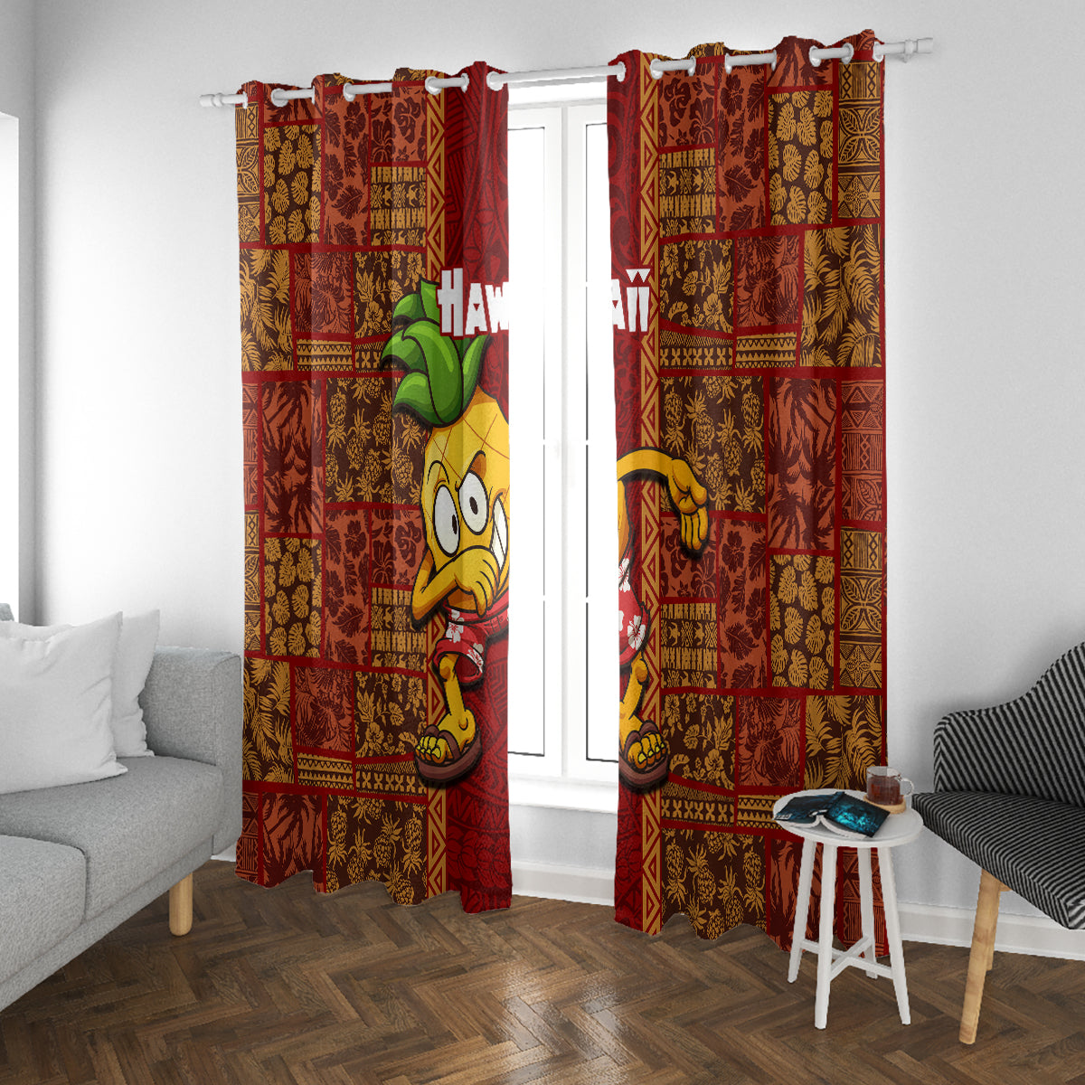Hawaii Window Curtain Aloha Funny Pineapple Mix Kakau Hawaiian Tribal LT03 With Grommets Red - Polynesian Pride