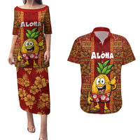 Custom Hawaii Couples Matching Puletasi Dress and Hawaiian Shirt Aloha Funny Pineapple Mix Kakau Hawaiian Tribal LT03 Red - Polynesian Pride