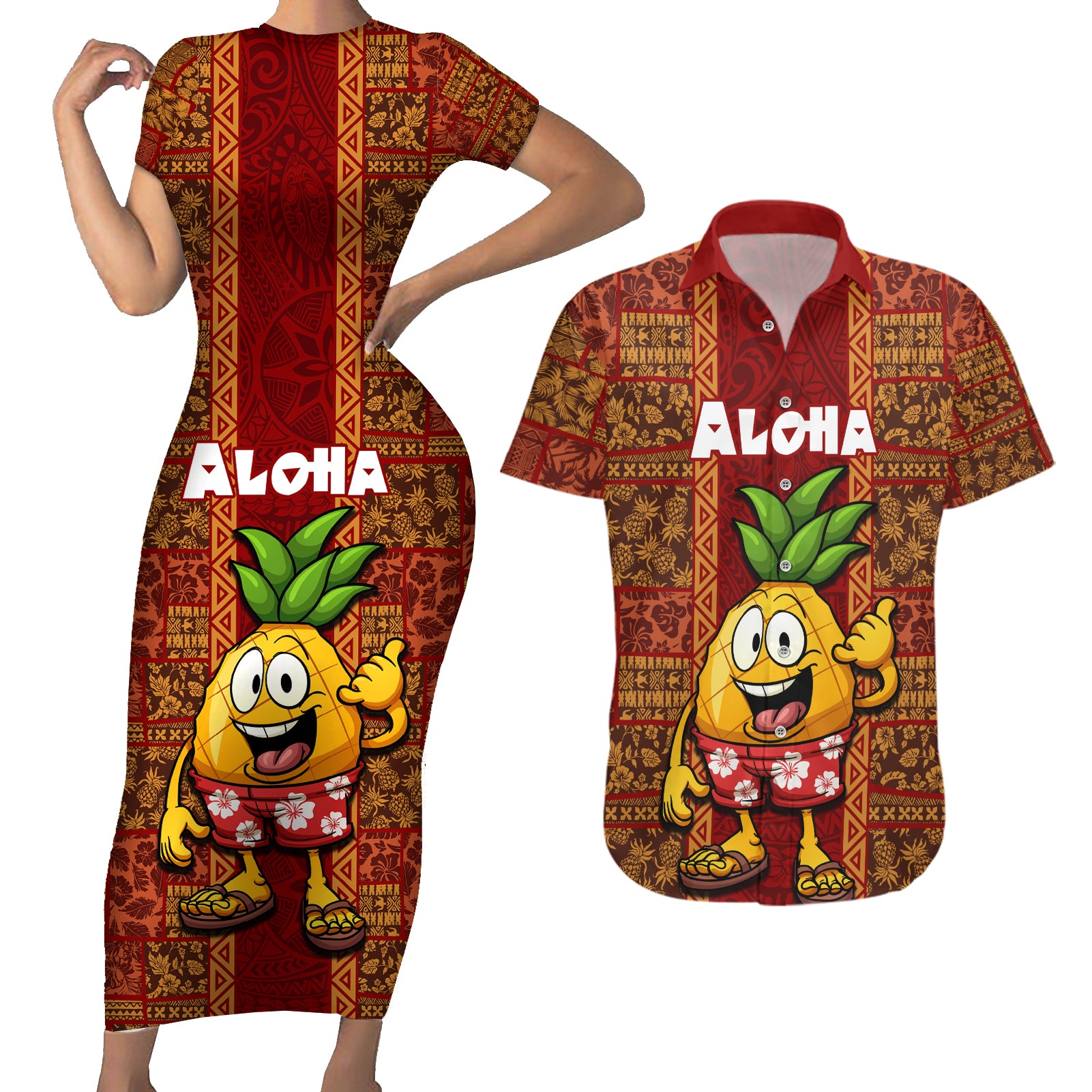 Custom Hawaii Couples Matching Short Sleeve Bodycon Dress and Hawaiian Shirt Aloha Funny Pineapple Mix Kakau Hawaiian Tribal LT03 Red - Polynesian Pride