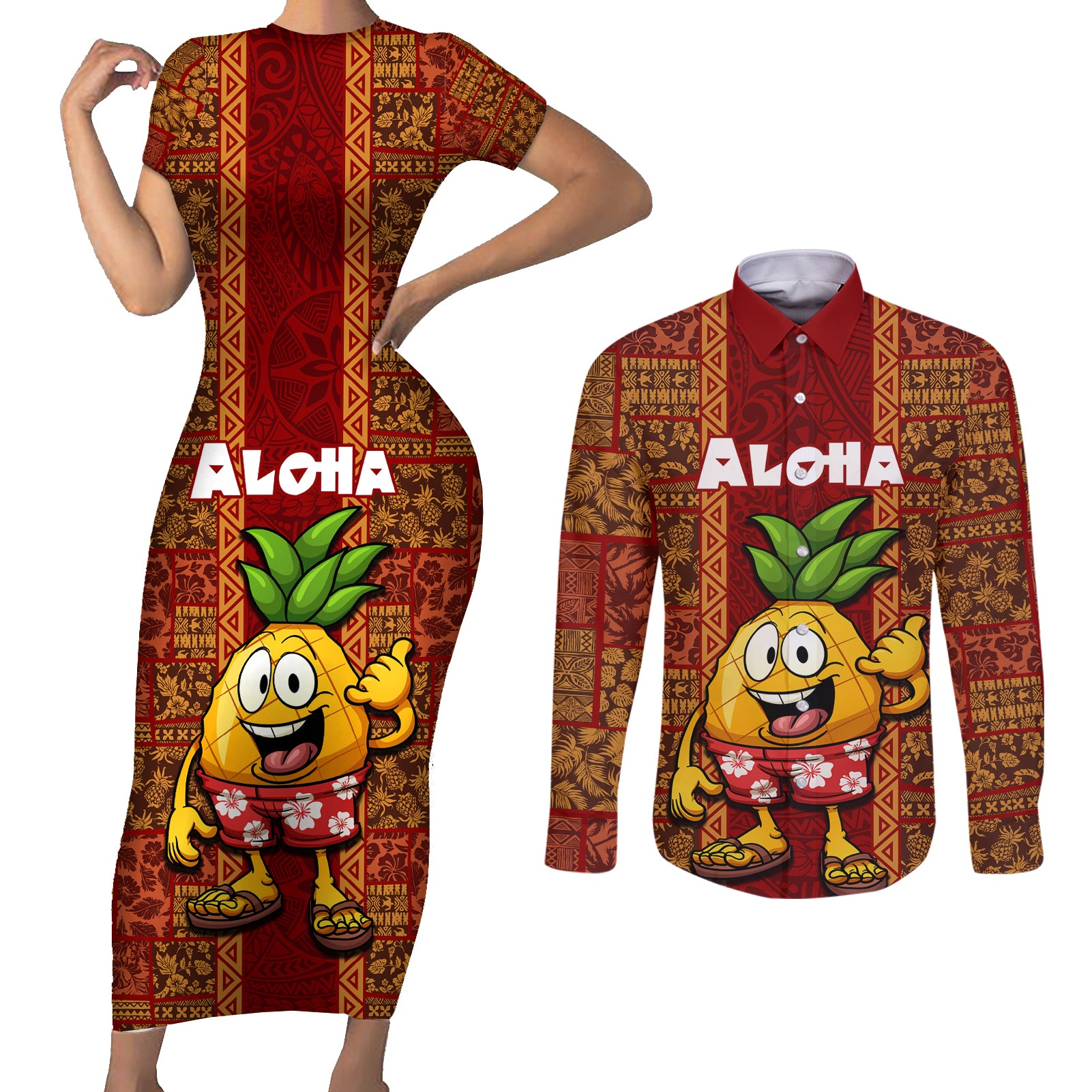 Custom Hawaii Couples Matching Short Sleeve Bodycon Dress and Long Sleeve Button Shirt Aloha Funny Pineapple Mix Kakau Hawaiian Tribal LT03 Red - Polynesian Pride
