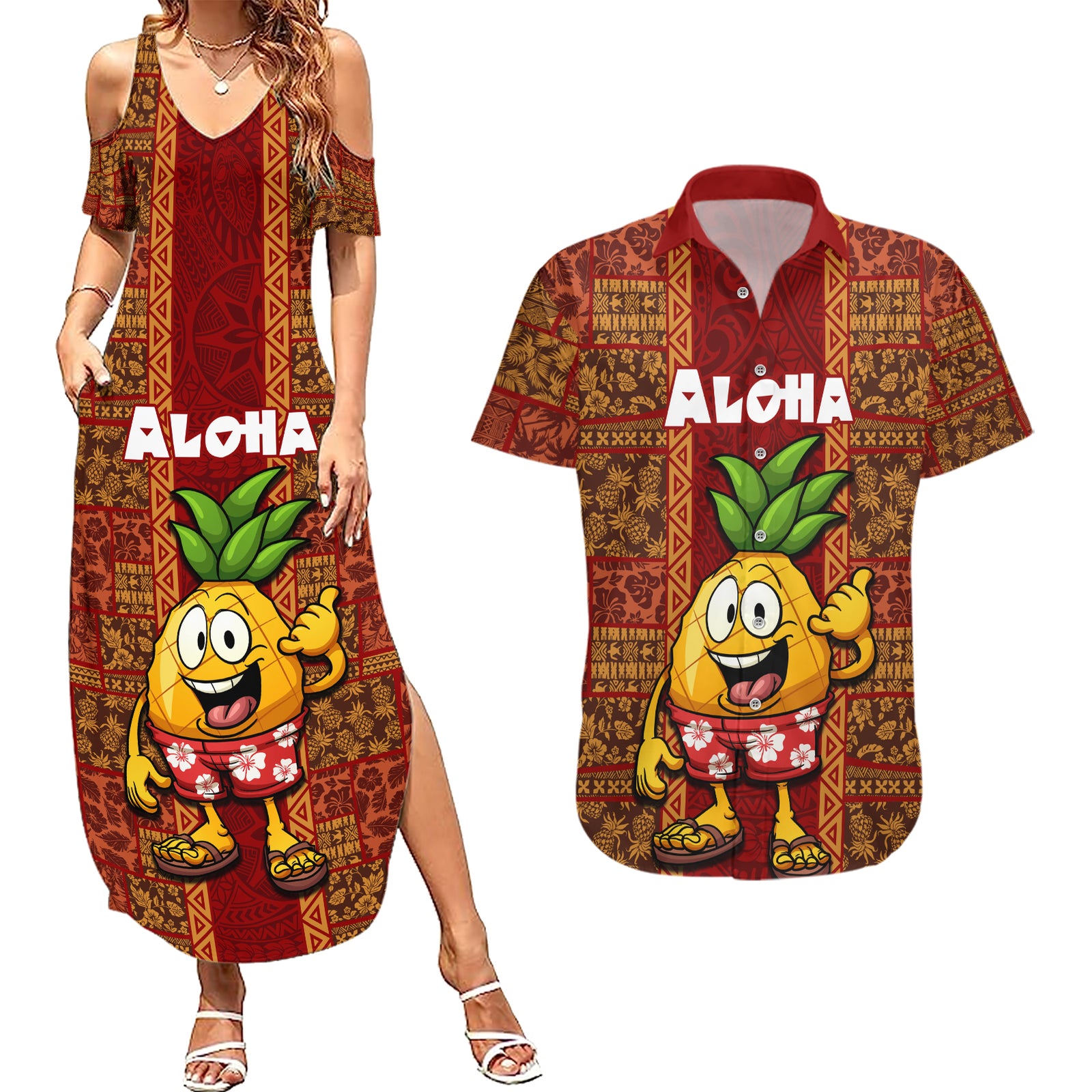 Custom Hawaii Couples Matching Summer Maxi Dress and Hawaiian Shirt Aloha Funny Pineapple Mix Kakau Hawaiian Tribal LT03 Red - Polynesian Pride