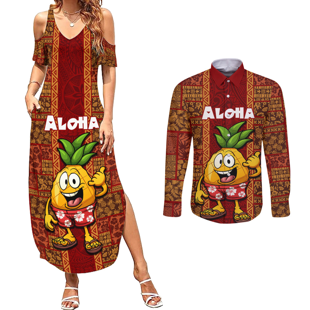 Custom Hawaii Couples Matching Summer Maxi Dress and Long Sleeve Button Shirt Aloha Funny Pineapple Mix Kakau Hawaiian Tribal LT03 Red - Polynesian Pride