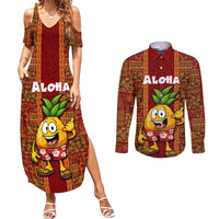 Custom Hawaii Couples Matching Summer Maxi Dress and Long Sleeve Button Shirt Aloha Funny Pineapple Mix Kakau Hawaiian Tribal LT03 Red - Polynesian Pride