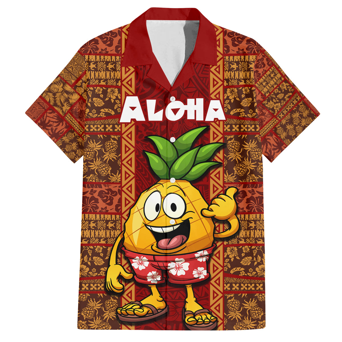 Custom Hawaii Family Matching Off Shoulder Maxi Dress and Hawaiian Shirt Aloha Funny Pineapple Mix Kakau Hawaiian Tribal LT03 Dad's Shirt - Short Sleeve Red - Polynesian Pride