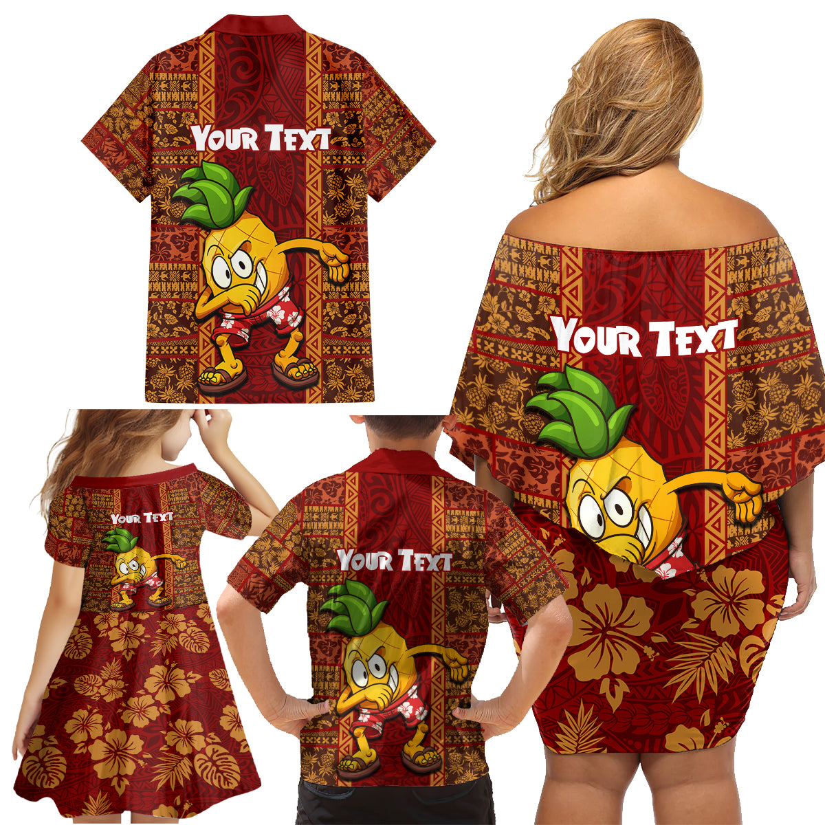 Custom Hawaii Family Matching Off Shoulder Short Dress and Hawaiian Shirt Aloha Funny Pineapple Mix Kakau Hawaiian Tribal LT03 - Polynesian Pride