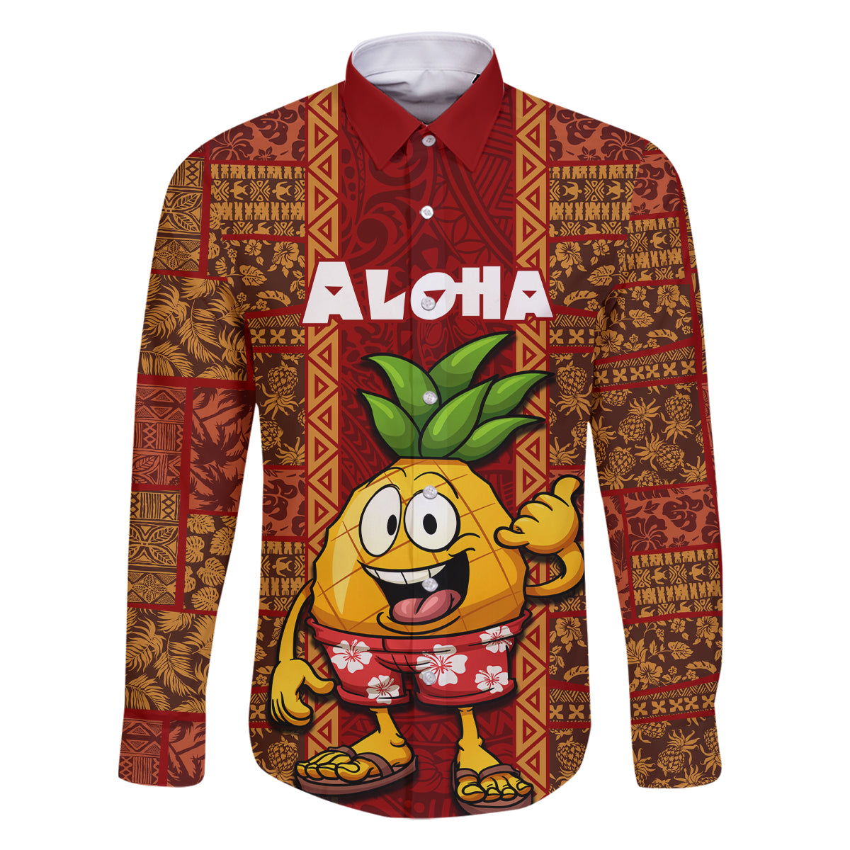 Custom Hawaii Family Matching Summer Maxi Dress and Hawaiian Shirt Aloha Funny Pineapple Mix Kakau Hawaiian Tribal LT03 Dad's Shirt - Long Sleeve Red - Polynesian Pride