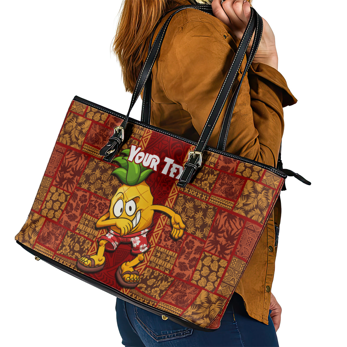 Custom Hawaii Leather Tote Bag Aloha Funny Pineapple Mix Kakau Hawaiian Tribal LT03 - Polynesian Pride