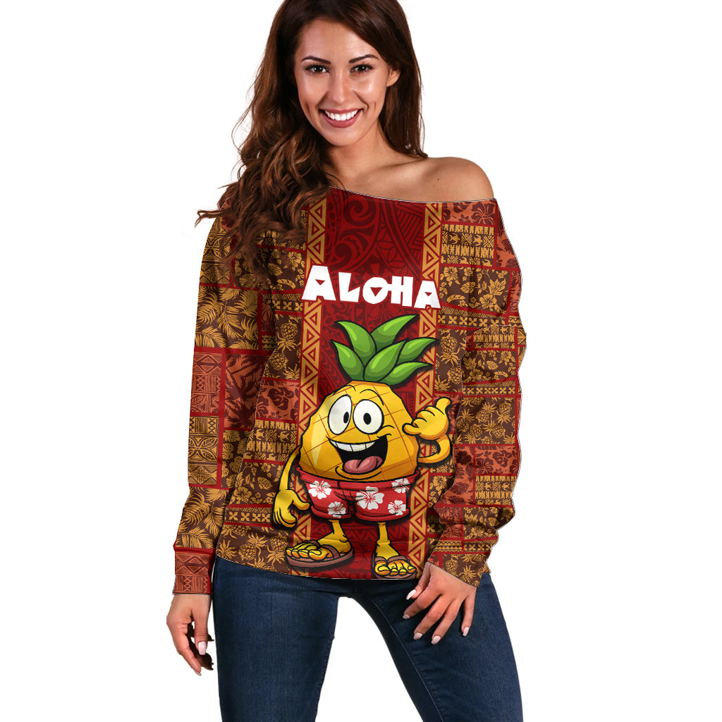 Custom Hawaii Off Shoulder Sweater Aloha Funny Pineapple Mix Kakau Hawaiian Tribal LT03 Women Red - Polynesian Pride