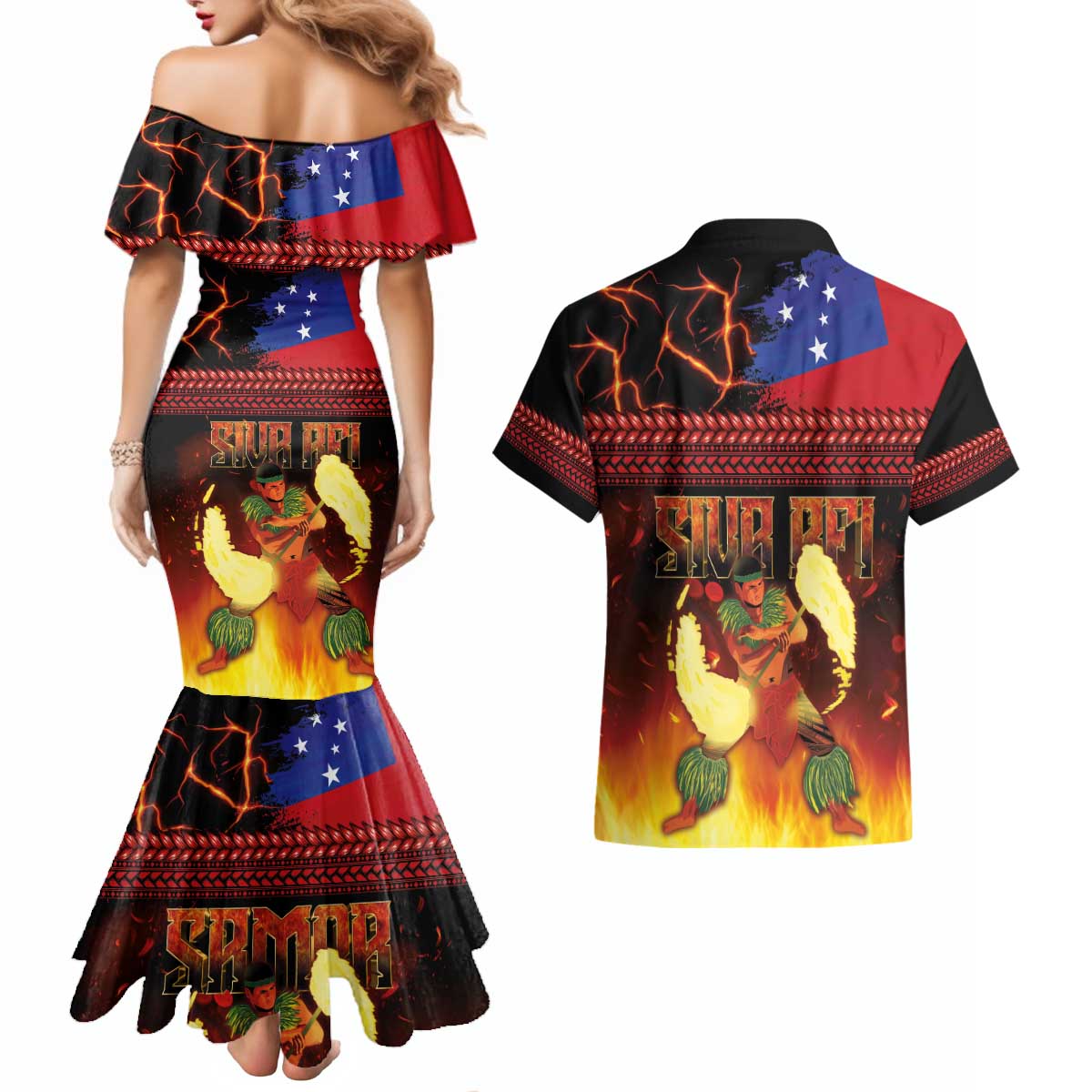 Samoan Siva Afi Couples Matching Mermaid Dress and Hawaiian Shirt Tribal Performers of Samoan Fire Knife Dancing