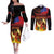 Samoan Siva Afi Couples Matching Off The Shoulder Long Sleeve Dress and Long Sleeve Button Shirt Tribal Performers of Samoan Fire Knife Dancing