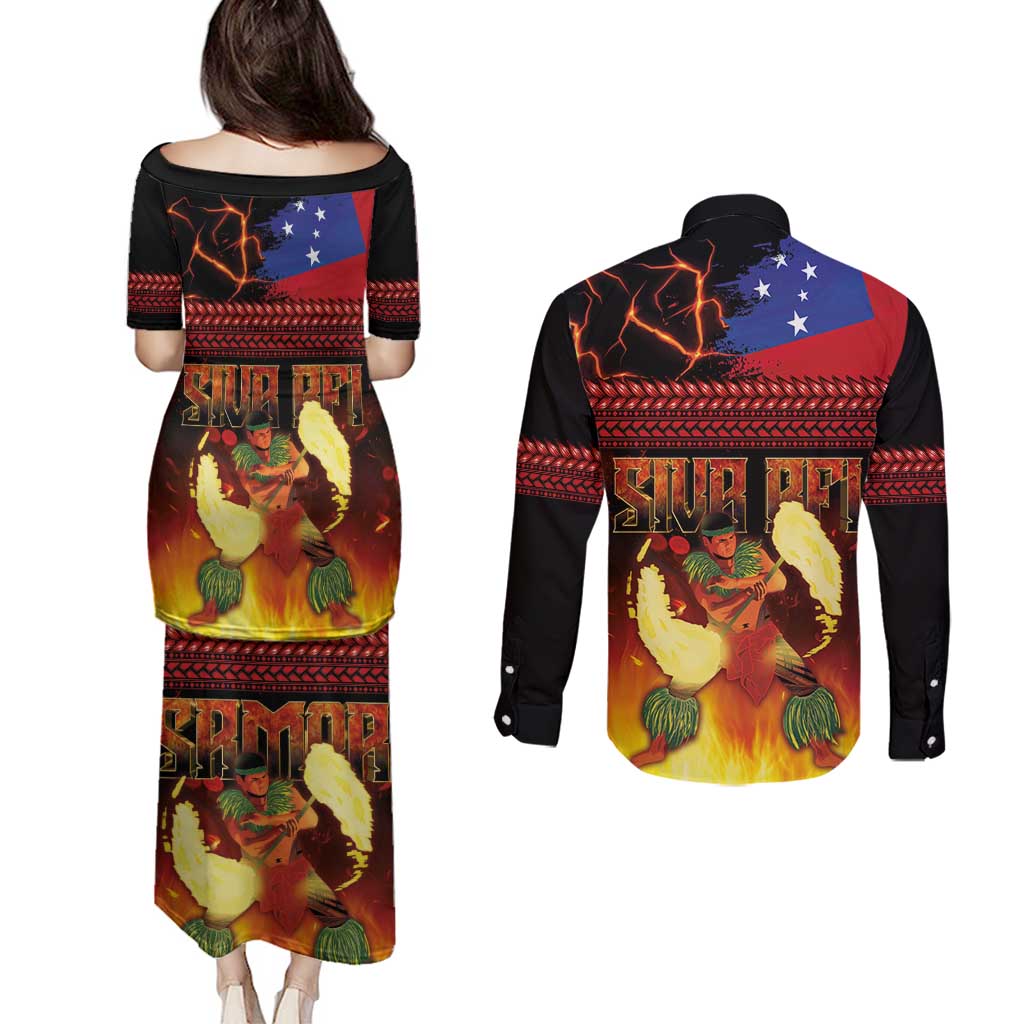 Samoan Siva Afi Couples Matching Puletasi and Long Sleeve Button Shirt Tribal Performers of Samoan Fire Knife Dancing