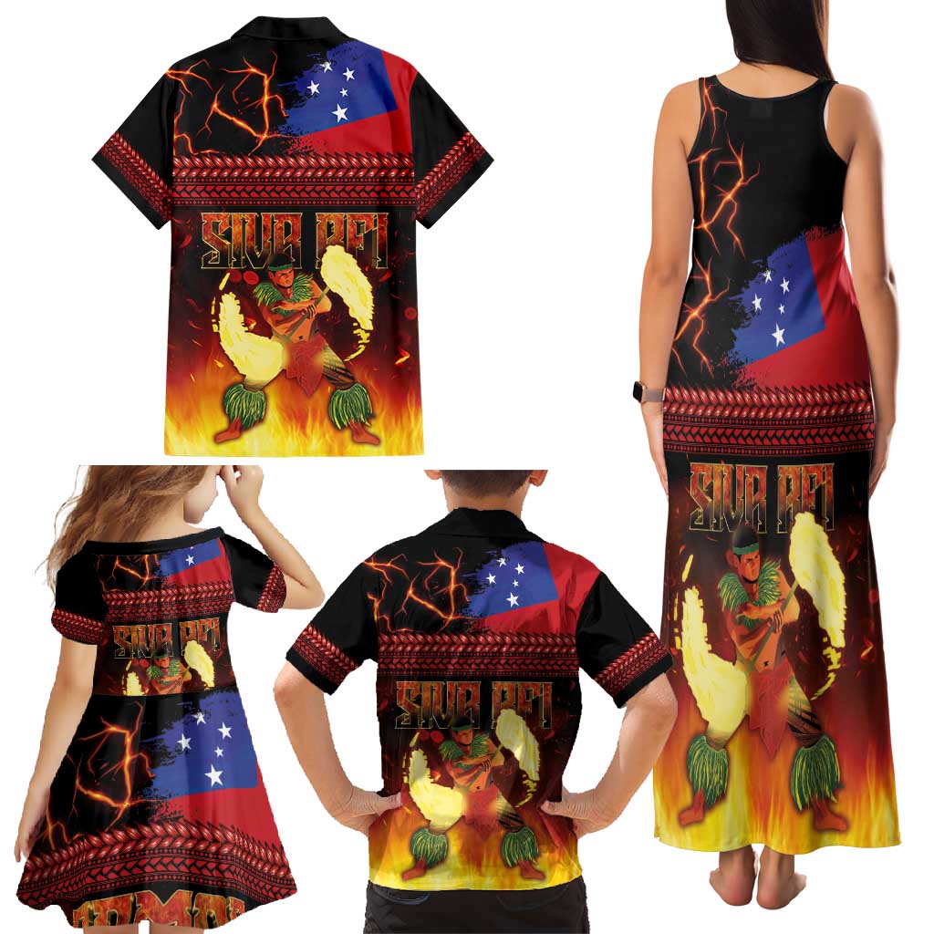 Samoan Siva Afi Family Matching Tank Maxi Dress and Hawaiian Shirt Tribal Performers of Samoan Fire Knife Dancing