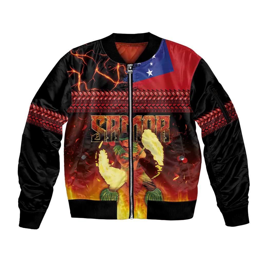 Samoan Siva Afi Sleeve Zip Bomber Jacket Tribal Performers of Samoan Fire Knife Dancing