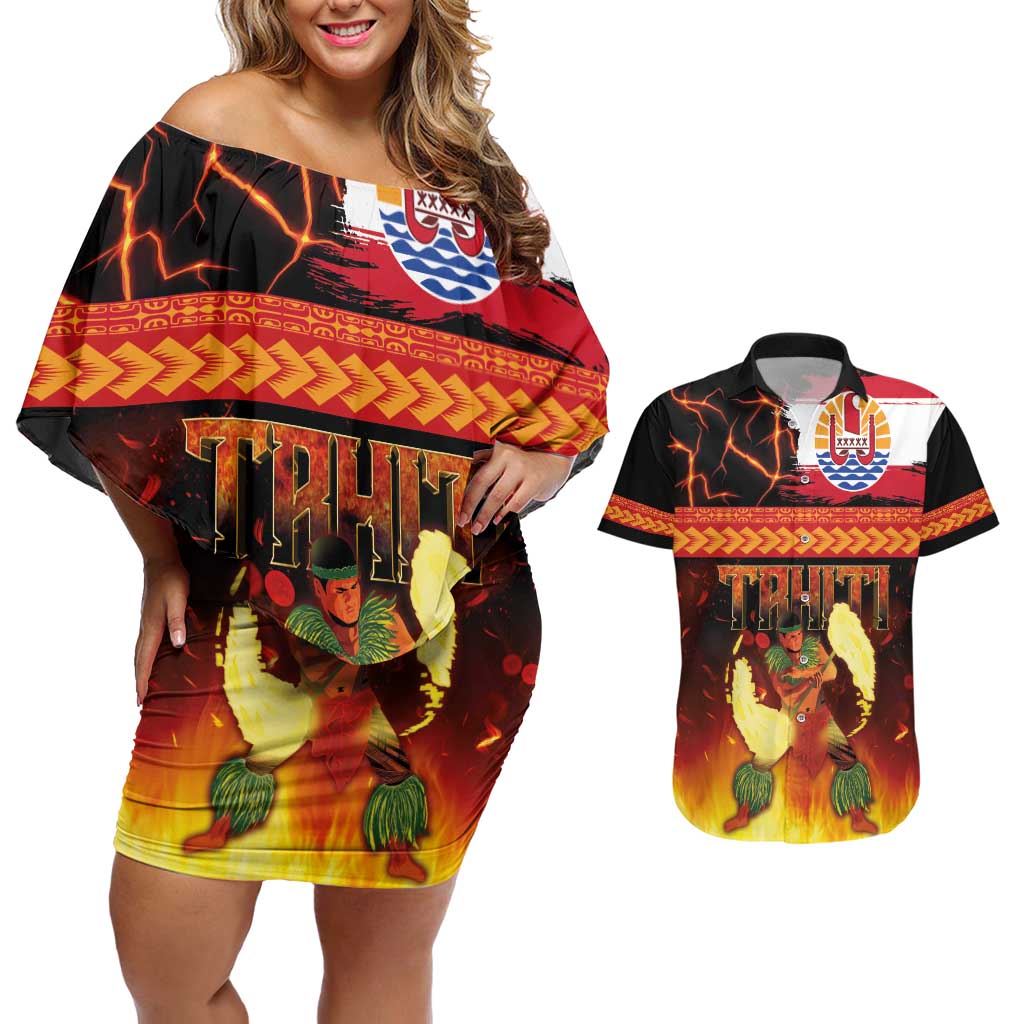 Tahitian Siva Afi Couples Matching Off Shoulder Short Dress and Hawaiian Shirt Tribal Performers of Tahitian Fire Knife Dancing