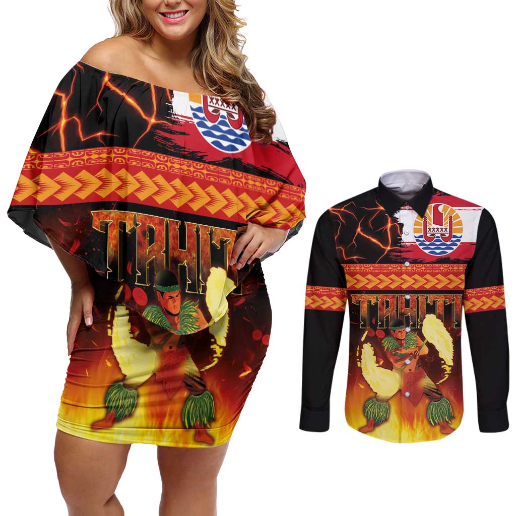 Tahitian Siva Afi Couples Matching Off Shoulder Short Dress and Long Sleeve Button Shirt Tribal Performers of Tahitian Fire Knife Dancing