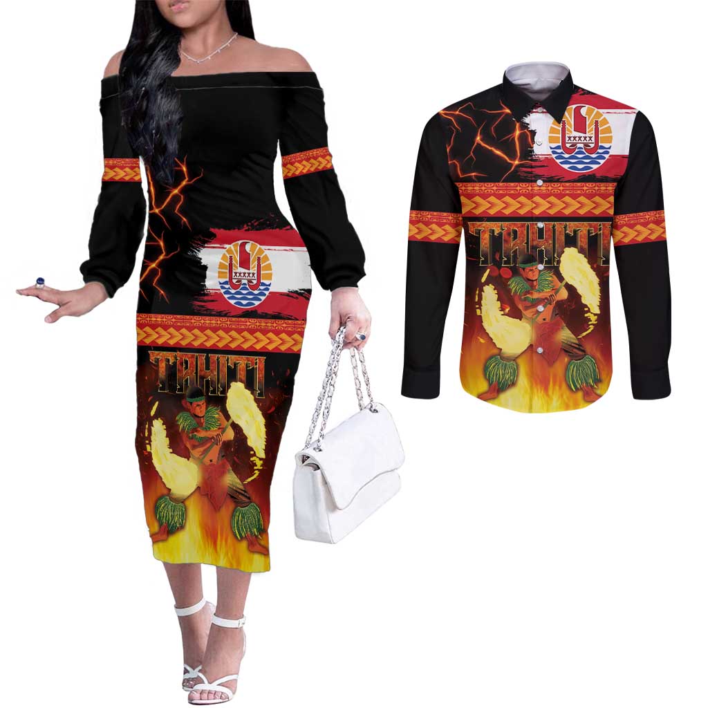 Tahitian Siva Afi Couples Matching Off The Shoulder Long Sleeve Dress and Long Sleeve Button Shirt Tribal Performers of Tahitian Fire Knife Dancing