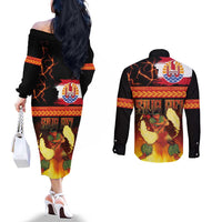 Tahitian Siva Afi Couples Matching Off The Shoulder Long Sleeve Dress and Long Sleeve Button Shirt Tribal Performers of Tahitian Fire Knife Dancing
