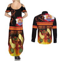 Tahitian Siva Afi Couples Matching Summer Maxi Dress and Long Sleeve Button Shirt Tribal Performers of Tahitian Fire Knife Dancing