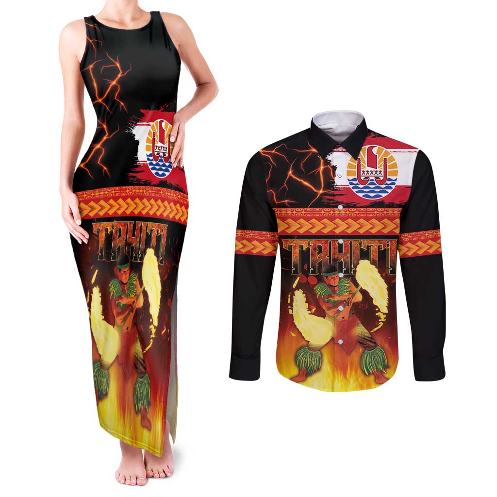 Tahitian Siva Afi Couples Matching Tank Maxi Dress and Long Sleeve Button Shirt Tribal Performers of Tahitian Fire Knife Dancing