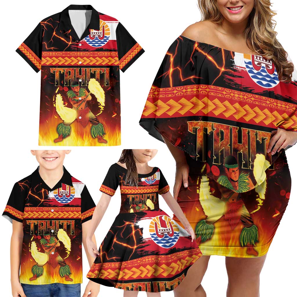 Tahitian Siva Afi Family Matching Off Shoulder Short Dress and Hawaiian Shirt Tribal Performers of Tahitian Fire Knife Dancing