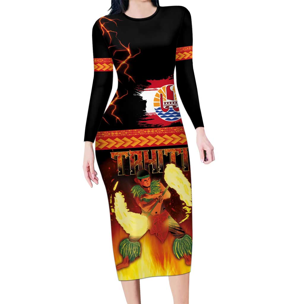 Tahitian Siva Afi Long Sleeve Bodycon Dress Tribal Performers of Tahitian Fire Knife Dancing LT03 Long Dress Black - Polynesian Pride