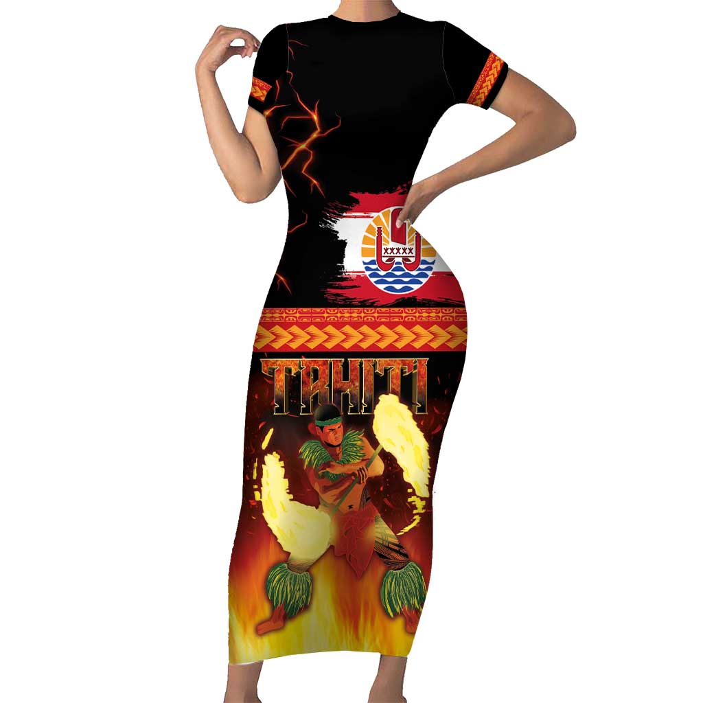 Tahitian Siva Afi Short Sleeve Bodycon Dress Tribal Performers of Tahitian Fire Knife Dancing