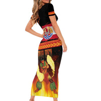Tahitian Siva Afi Short Sleeve Bodycon Dress Tribal Performers of Tahitian Fire Knife Dancing LT03 - Polynesian Pride