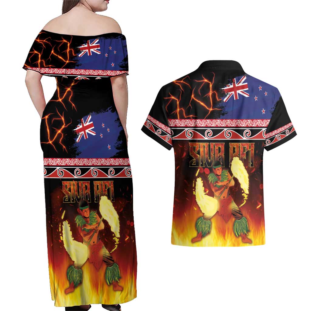 Aotearoa Siva Afi Couples Matching Off Shoulder Maxi Dress and Hawaiian Shirt Tribal Performers of Aotearoa Fire Knife Dancing