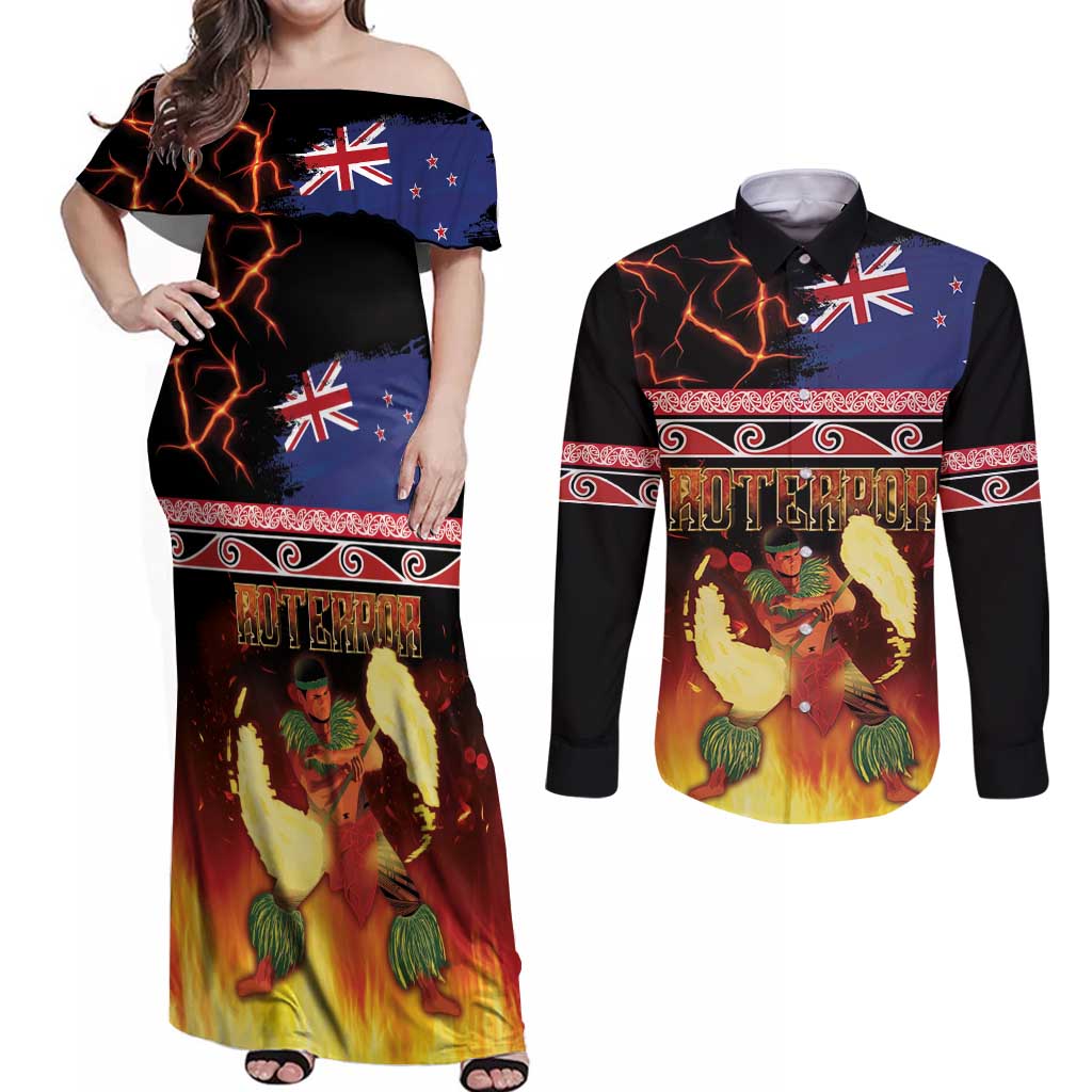 Aotearoa Siva Afi Couples Matching Off Shoulder Maxi Dress and Long Sleeve Button Shirt Tribal Performers of Aotearoa Fire Knife Dancing