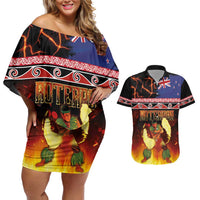 Aotearoa Siva Afi Couples Matching Off Shoulder Short Dress and Hawaiian Shirt Tribal Performers of Aotearoa Fire Knife Dancing