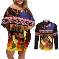 Aotearoa Siva Afi Couples Matching Off Shoulder Short Dress and Long Sleeve Button Shirt Tribal Performers of Aotearoa Fire Knife Dancing