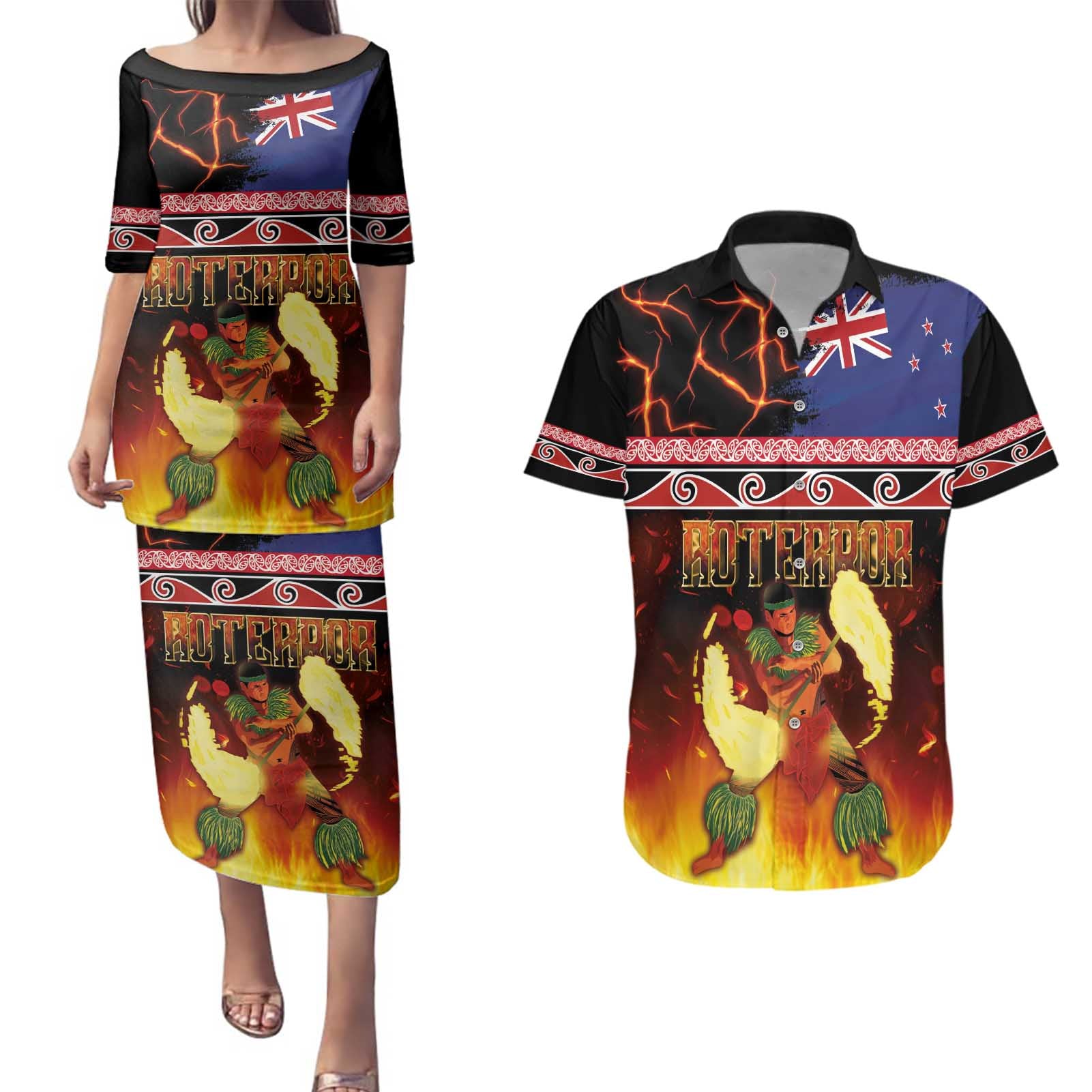 Aotearoa Siva Afi Couples Matching Puletasi and Hawaiian Shirt Tribal Performers of Aotearoa Fire Knife Dancing