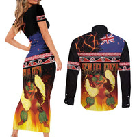 Aotearoa Siva Afi Couples Matching Short Sleeve Bodycon Dress and Long Sleeve Button Shirt Tribal Performers of Aotearoa Fire Knife Dancing