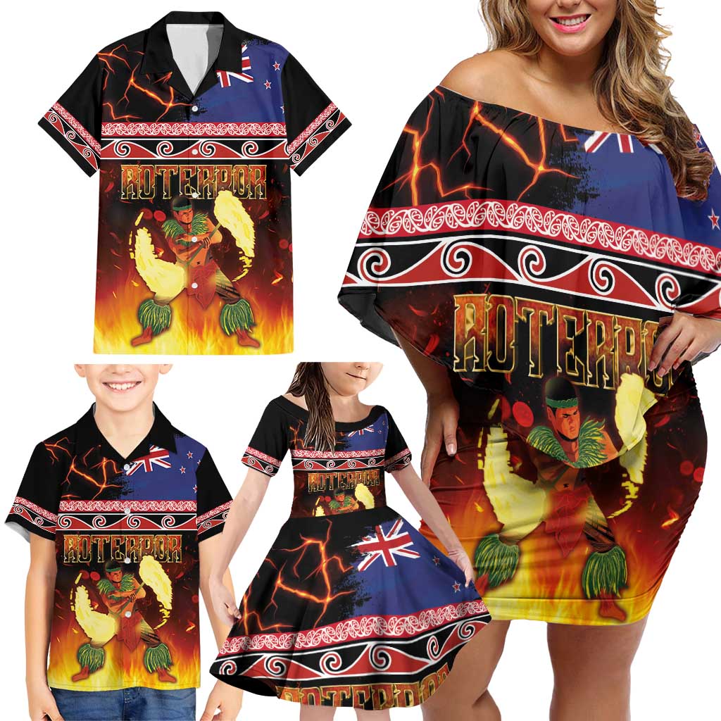 Aotearoa Siva Afi Family Matching Off Shoulder Short Dress and Hawaiian Shirt Tribal Performers of Aotearoa Fire Knife Dancing