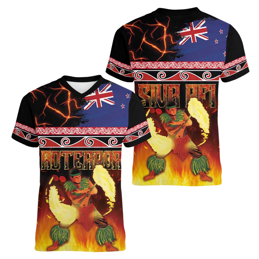 Aotearoa Siva Afi Women V-Neck T-Shirt Tribal Performers of Aotearoa Fire Knife Dancing LT03 - Polynesian Pride