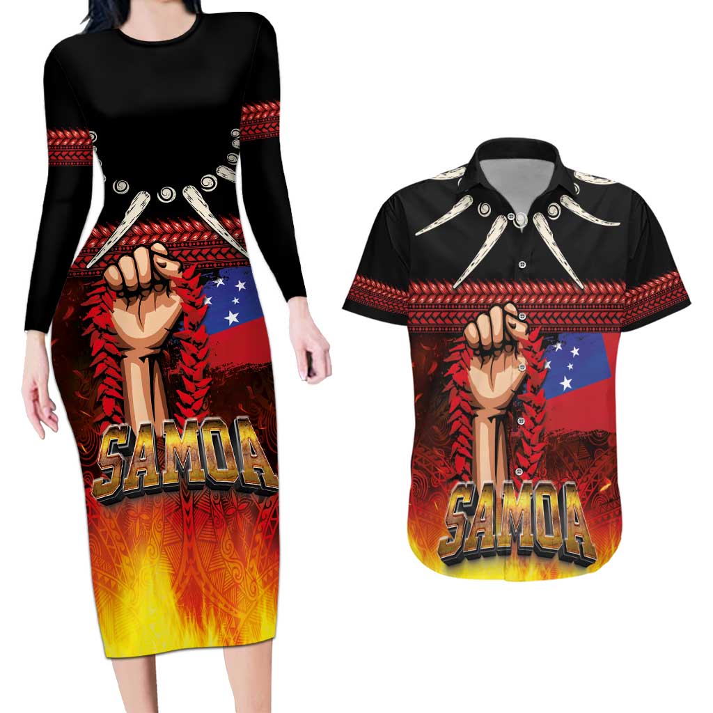 Personalised Samoan Spirit - Samoa Tribal Heritage Couples Matching Long Sleeve Bodycon Dress and Hawaiian Shirt