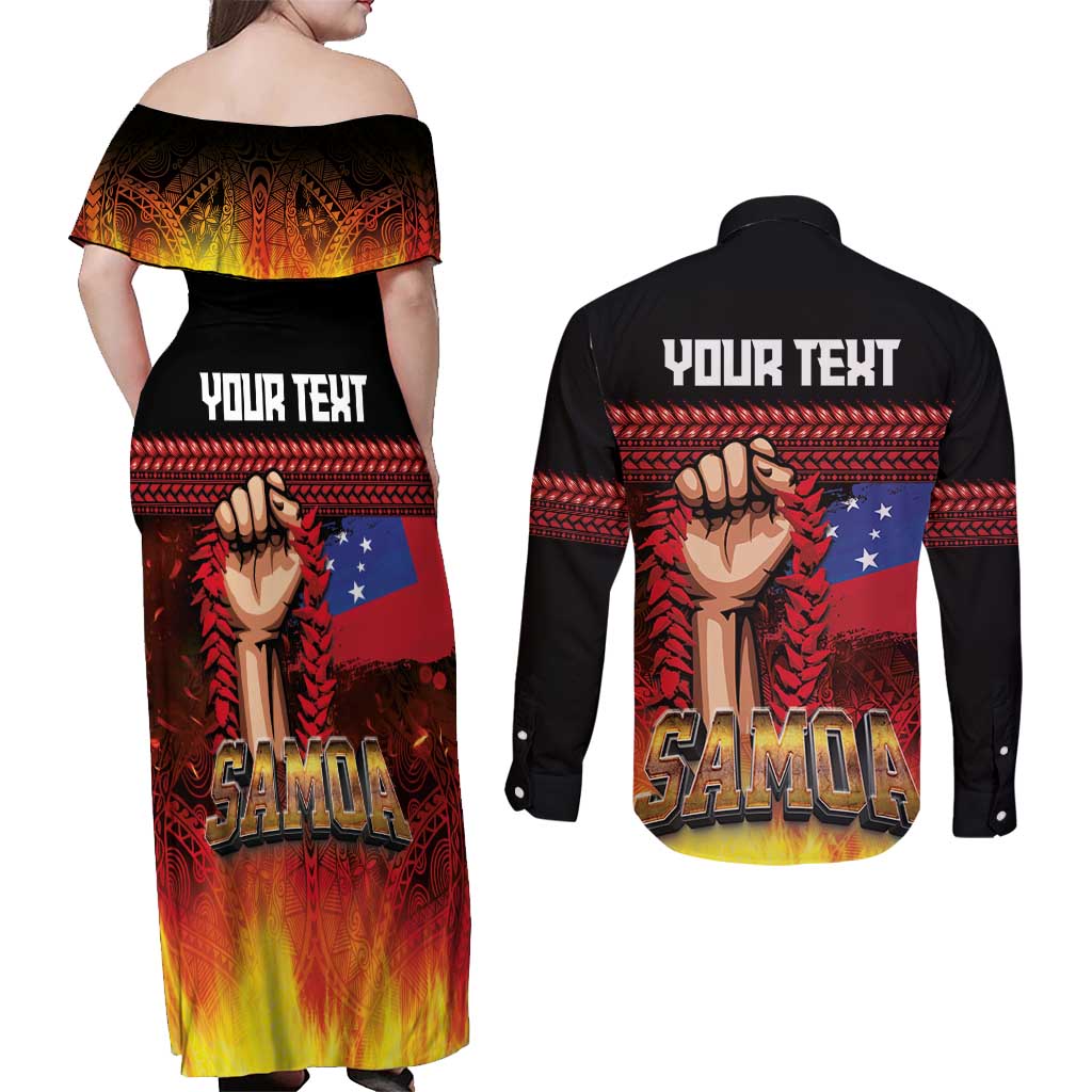 Personalised Samoan Spirit - Samoa Tribal Heritage Couples Matching Off Shoulder Maxi Dress and Long Sleeve Button Shirt