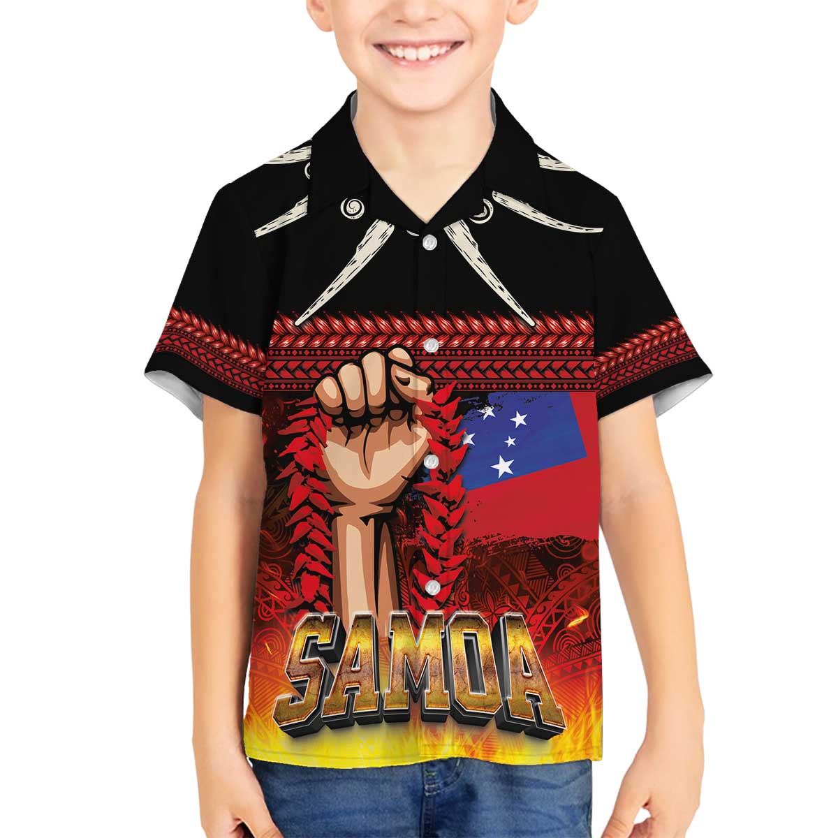 Personalised Samoan Spirit - Samoa Tribal Heritage Family Matching Off The Shoulder Long Sleeve Dress and Hawaiian Shirt