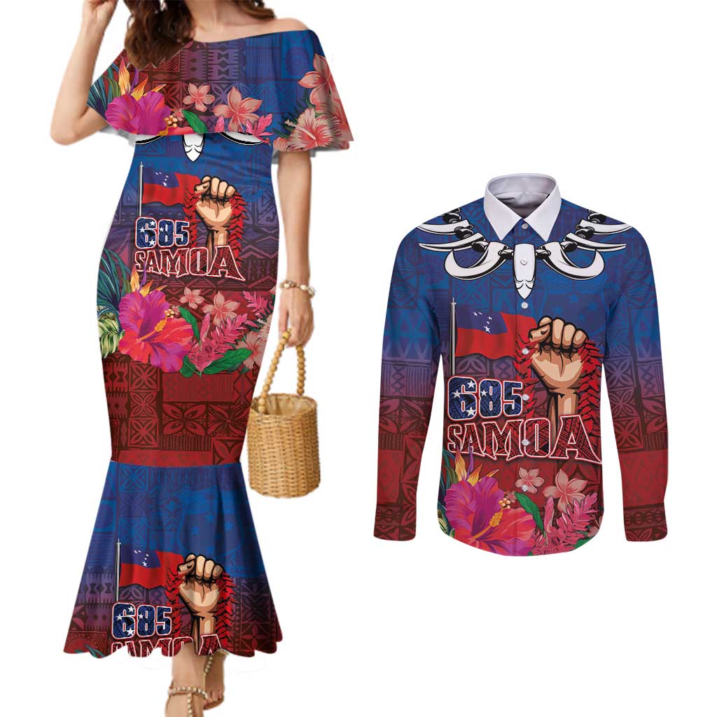 Proud of Samoa Couples Matching Mermaid Dress and Long Sleeve Button Shirt Ula Nifo with Samoa 685 and Hibiscus Tapa Tribal Pattern