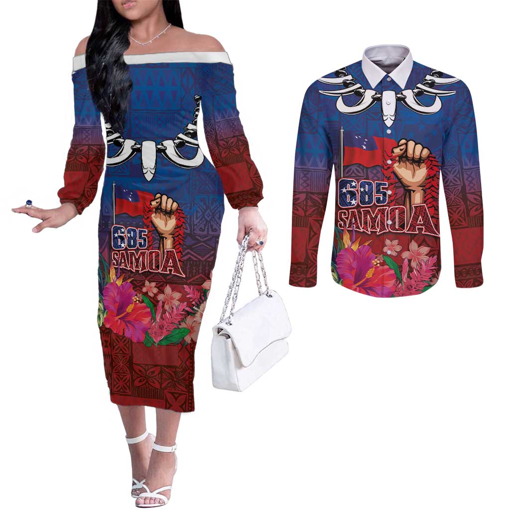 Proud of Samoa Couples Matching Off The Shoulder Long Sleeve Dress and Long Sleeve Button Shirt Ula Nifo with Samoa 685 and Hibiscus Tapa Tribal Pattern