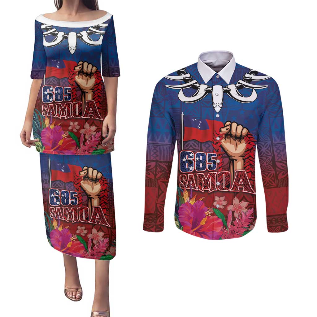 Proud of Samoa Couples Matching Puletasi and Long Sleeve Button Shirt Ula Nifo with Samoa 685 and Hibiscus Tapa Tribal Pattern